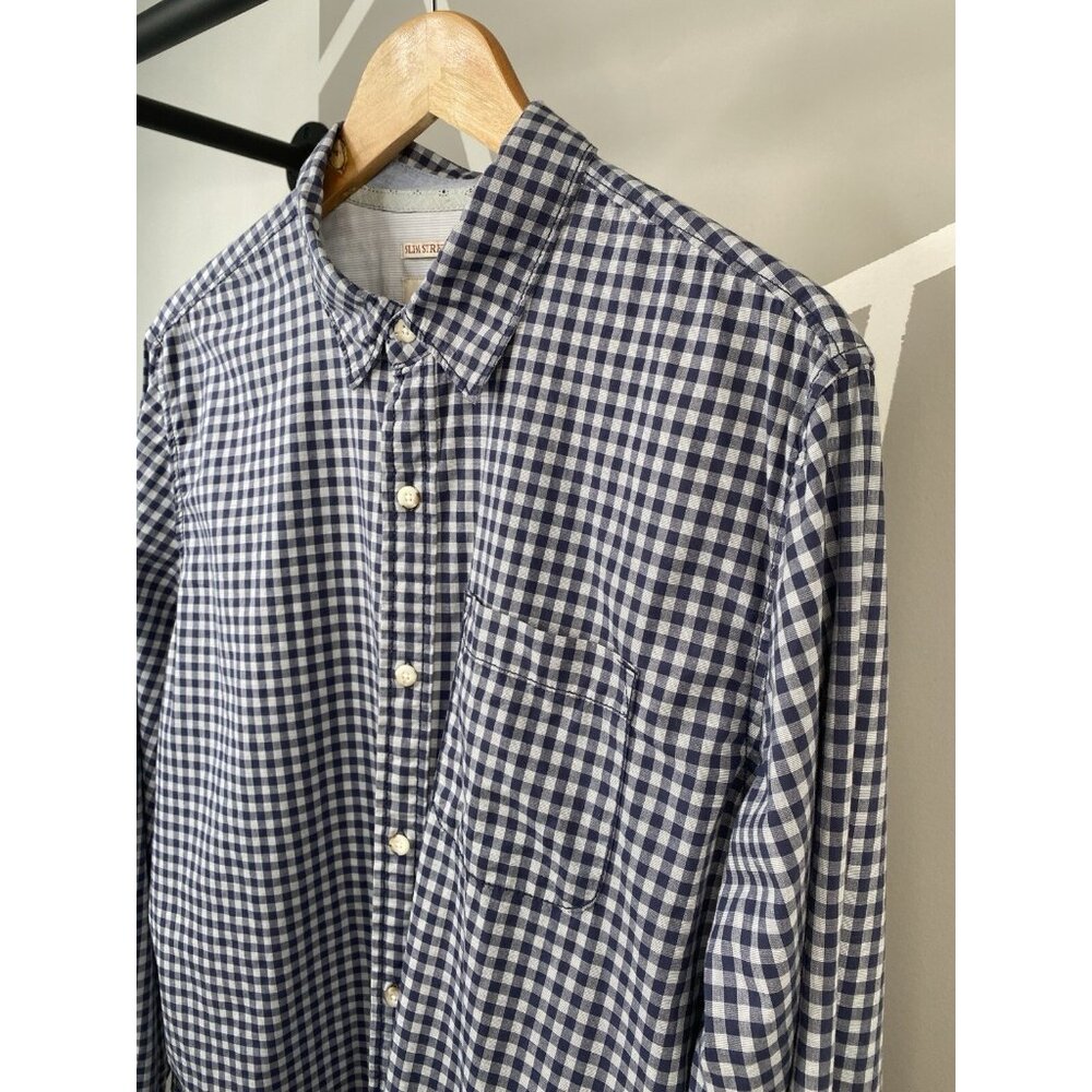 Fat Face Navy Blue Check Shirt Men’s Large Long Sleeve Button Up Slim Stretch - Picture 3 of 16
